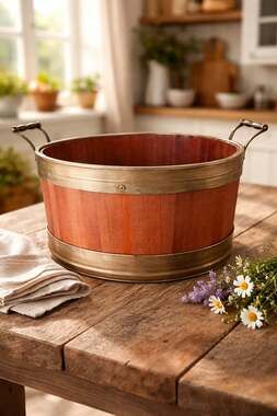 Vintage Wood and Brass Decorative Bucket Planter 10 Inch